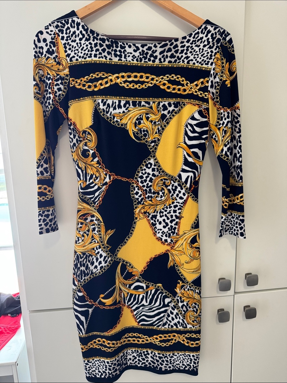 Cache Black, Yellow & White Chain Print Long-Sleeve Dress